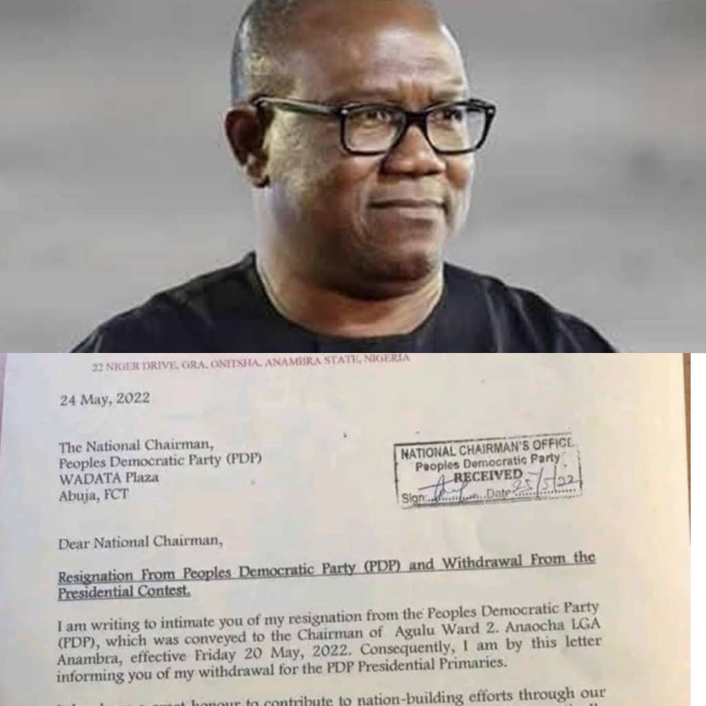 See copy of Peter Obi's resignation letter from PDP (photo)