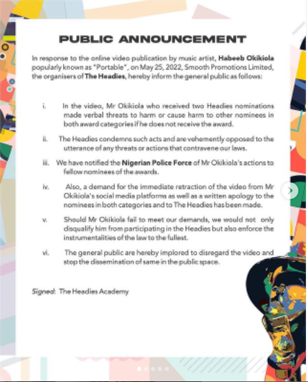 Headies Organizers report singer Portable to police over death threat to co-nominees as they threaten to disqualify him (Video)