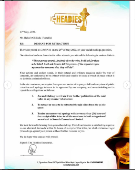 Headies Organizers report singer Portable to police over death threat to co-nominees as they threaten to disqualify him (Video)
