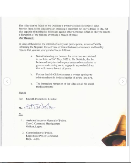 Headies Organizers report singer Portable to police over death threat to co-nominees as they threaten to disqualify him (Video)