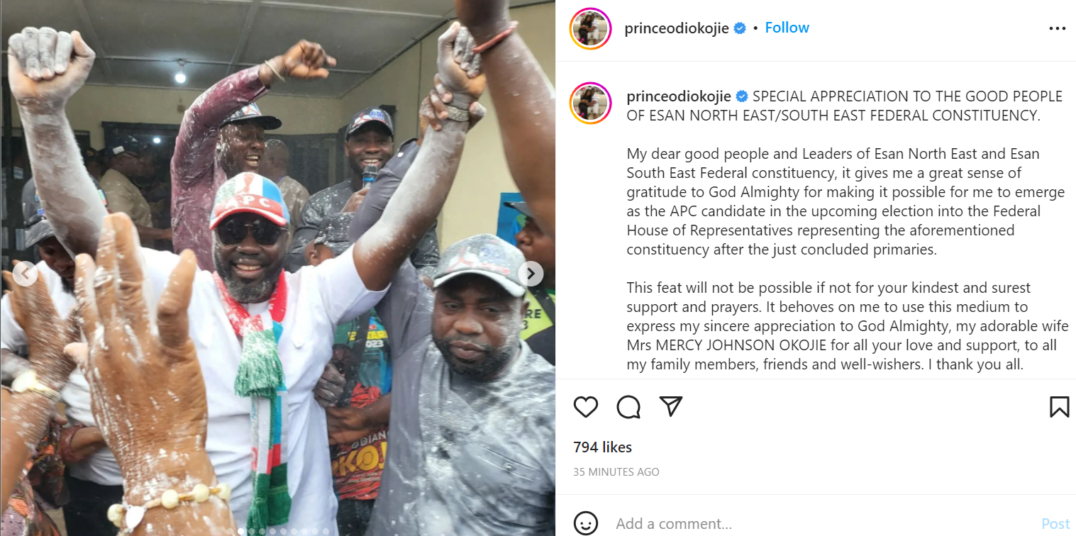 Mercy Johnson's husband, Prince Odi Okojie wins APC house of representatives ticket