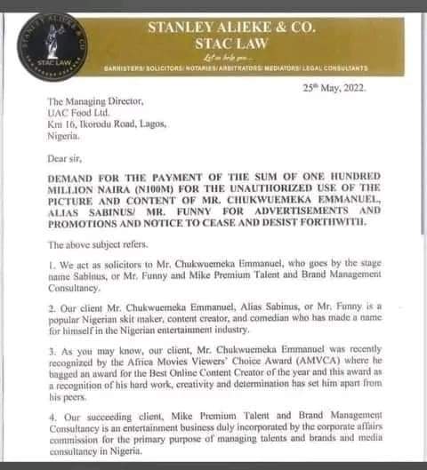 Popular Nigerian comedian, skit maker and content creator, Chukwuemeka Emmanuel popularly known as Oga Sabinus has threatened to sue peak milk over an alleged usage of his trademarked phrase, “Something hooge”.