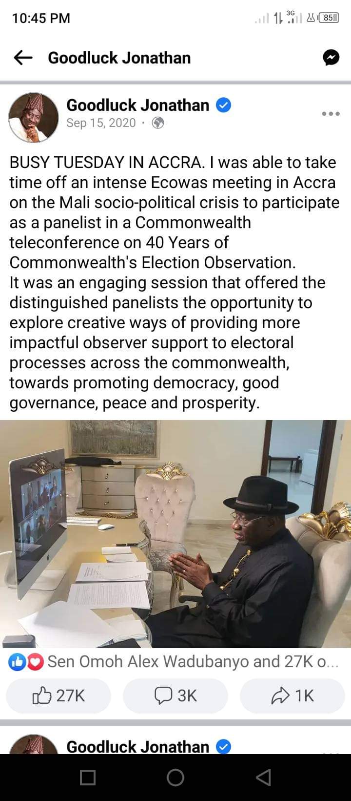 Breaking News: Goodluck Jonathan has not been screen so disregard that fake zoom meeting photo speculating.
