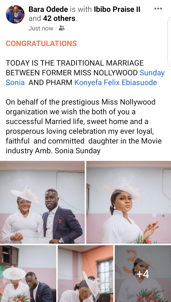 Ex Miss Nollywood Sonia Sunday's traditional Marriage is today where she will say yes officially to her pharmacist lover