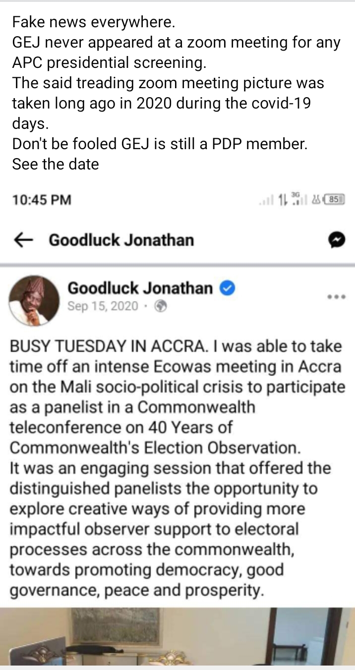 Breaking News: Goodluck Jonathan has not been screen so disregard that fake zoom meeting photo speculating.
