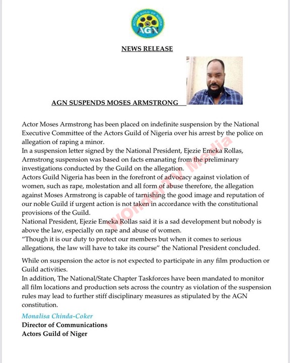 Breaking News: Actors Guild Of Nigeria Suspends Actor Moses Armstrong Over Rape Allegation 