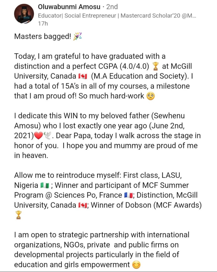 Nigerian lady bags Masters from Canadian University with perfect CGPA of 4/4