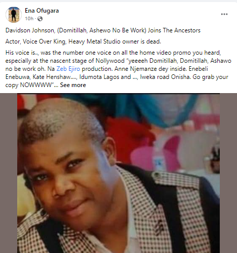 Nollywood actor and voice-over artiste, Davidson Johnson, dies