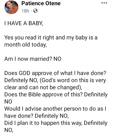 Please do not lose your faith in God because of me" - Nigerian evangelist, Patience Otene reveals she had a baby out of wedlock, apologises to her followers