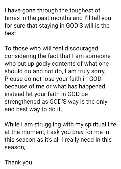 Please do not lose your faith in God because of me" - Nigerian evangelist, Patience Otene reveals she had a baby out of wedlock, apologises to her followers