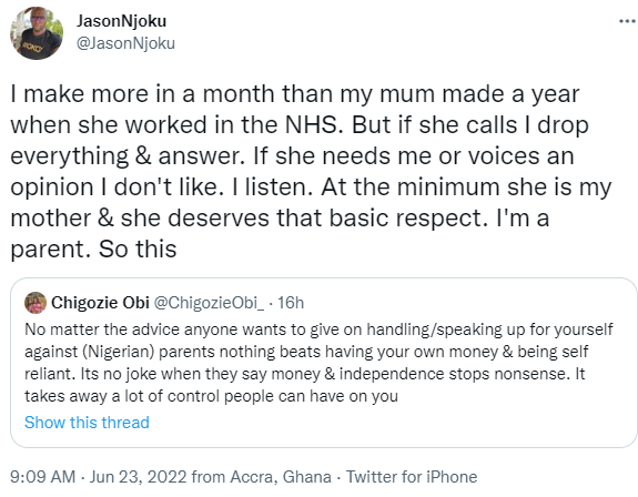 I make more in a month than my mum made a year when she worked in the NHS. But if she calls I drop everything and answer- Iroko TV boss writes after Twitter user said becoming self reliant takes control from Nigerian parents