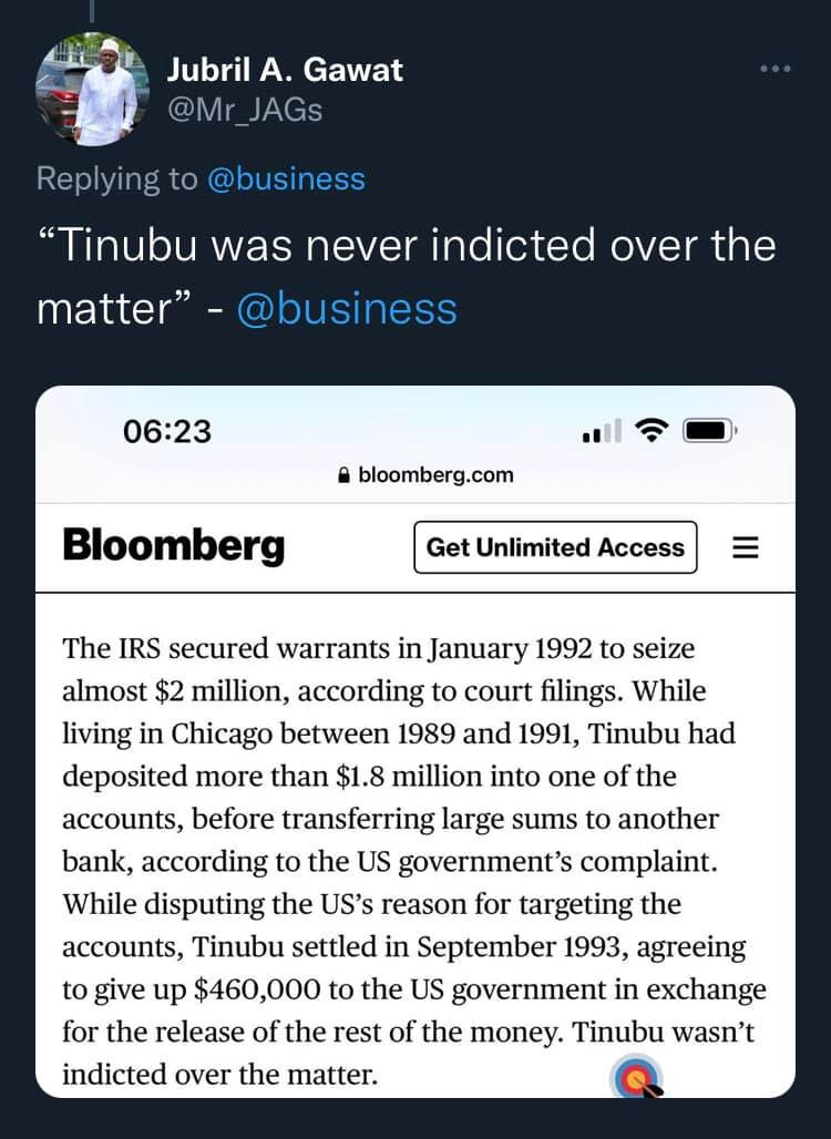Tinubu was never indicted over the matter - Sanwo-Olu's aide defends APC presidential candidate after Bloomberg article alleging that US accused him of laundering proceeds of heroin trafficking
