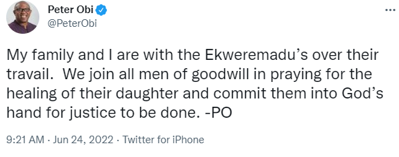 My family and I are with the Ekweremadus" Peter Obi prays for "justice to be done" as he reacts to the arrest of Ike Ekweremadu over alleged organ harvesting