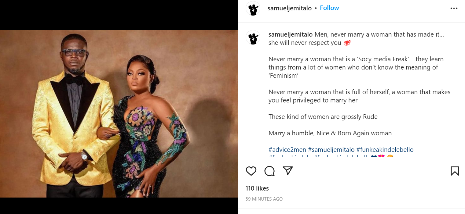 Never marry a woman that has made it, she will never respect you - Actor Samuel Jemitalo advices men as he reflects on Funke Akindele and JJC Skillz's marriage crisis