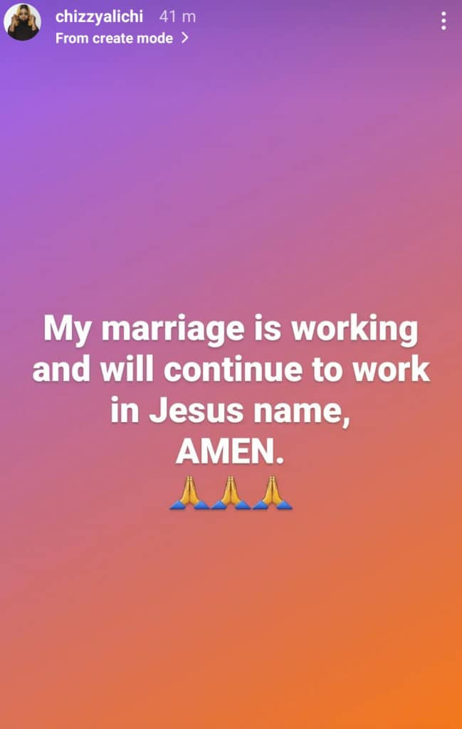 Actress Chizzy Alichi fires hot prayer over her marriage an hour after JJC Skillz announced his separation from actress Funke Akindele