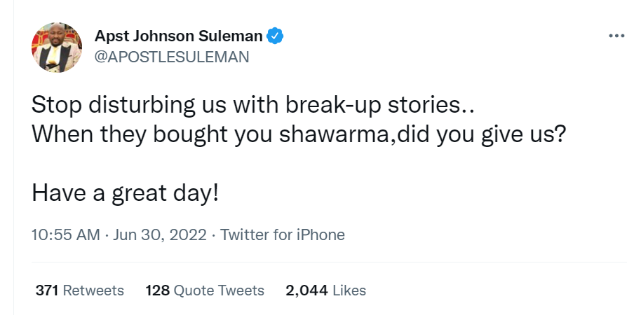 Stop disturbing us with break-up stories - Apostle Suleman tweets shortly after report of Funke Akindele and JJC's failed marriage