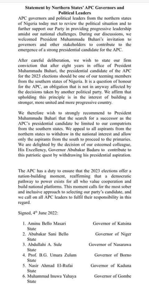 2023 PRESIDENCY APC Northern Governors have zoned Presidential ticket to the South.