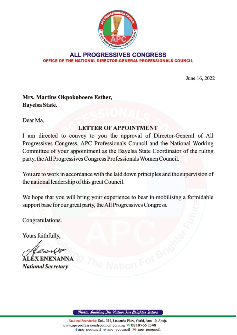 DIRECTOR GENERAL PASTOR REUBEN INITIATIVE FOR GOOD LEADERSHIP AND ACCOUNTABILITY DR. SOLOMON DAVID CONGRATULATES PST ESTHER MARTINS ON HER WELL DESERVED APPOINTMENT