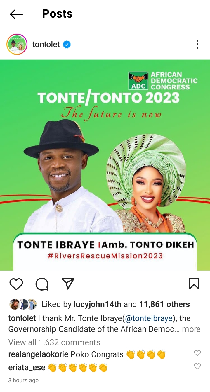 2023: Rivers ADC Candidate Picks Tonto Dikeh As Running Mate