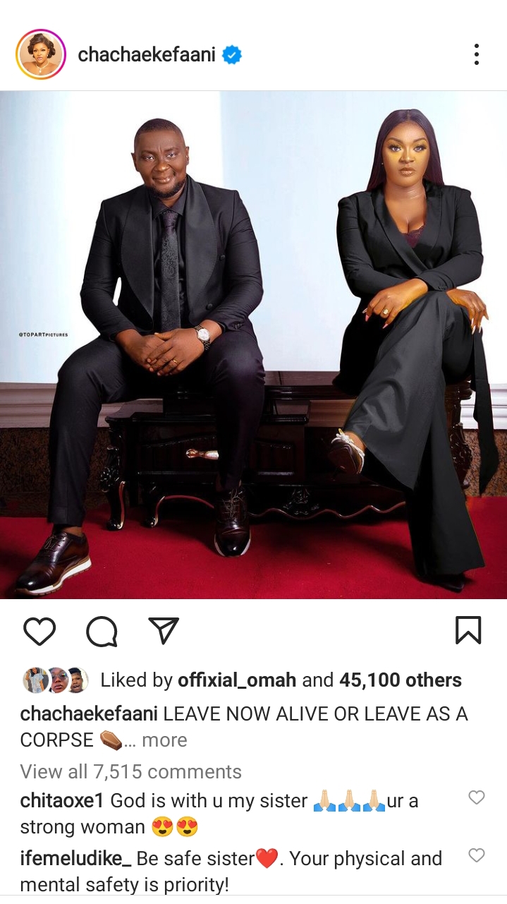 Leave now alive or leave as a corpse.” - Actress Chacha Eke Faani announces break-up of her marriage