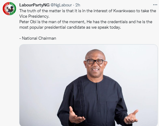 It is in the interest of Kwankwaso to take the Vice Presidency. Peter Obi is the man of the moment- Labor party chairman, Julius Abure