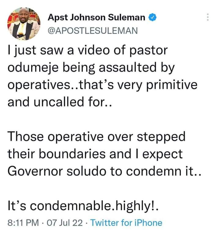 Breaking News: Apostle Johnson Suleman condemns Prophet  Odumeje's beaten saying it is sad