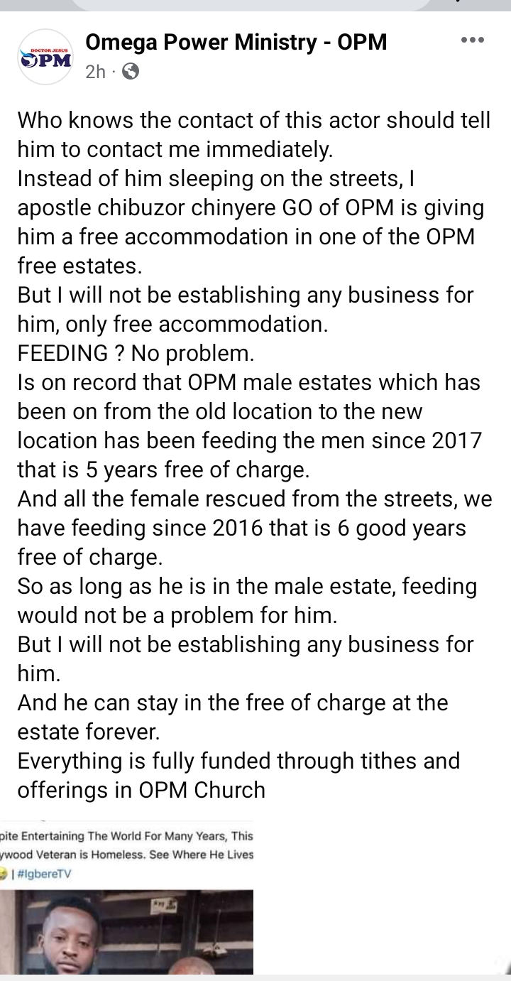 OPM Pastor Vows to give Homeless Nollywood Actor a house to stay with feeding