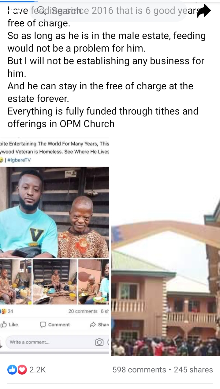 OPM Pastor Vows to give Homeless Nollywood Actor a house to stay with feeding