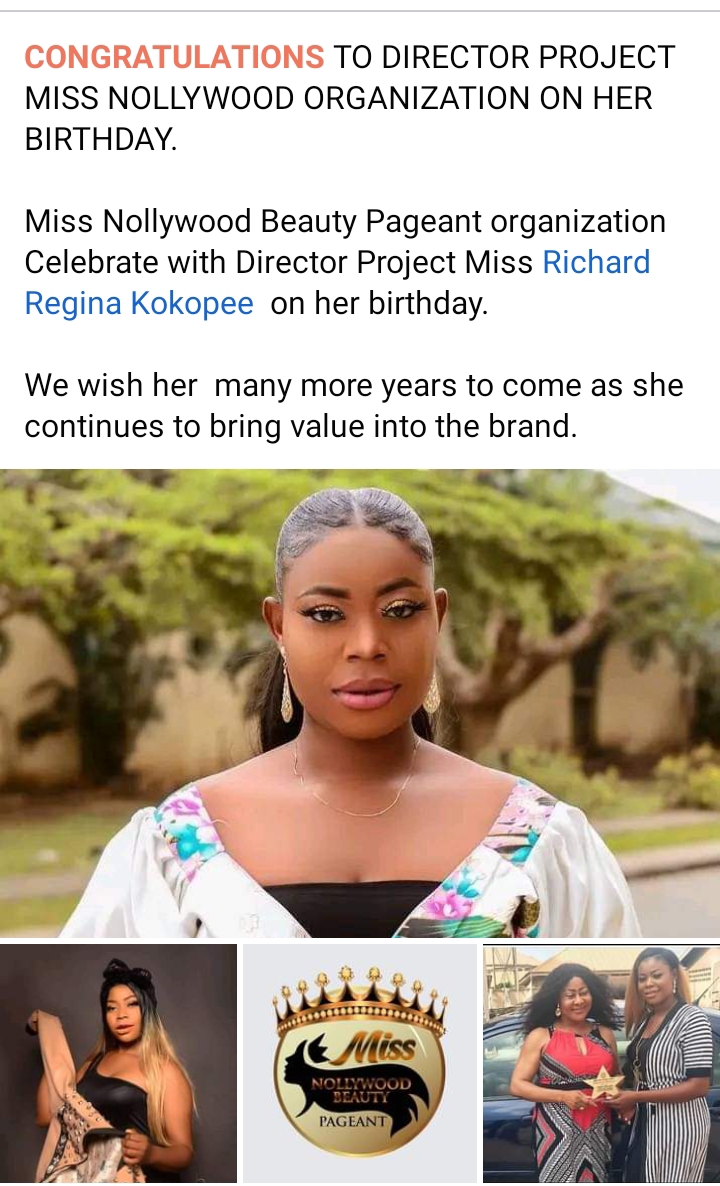 Miss Nollywood Beauty Pageant organization Celebrate director project  lRichard Regina Kokopee on her birthday.