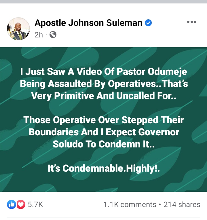 Breaking News: Apostle Johnson Suleman condemns Prophet  Odumeje's beaten saying it is sad