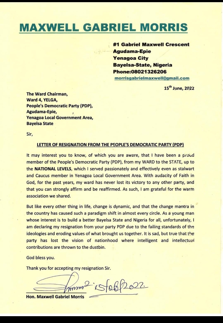 BREAKING: ANOTHER STRONG PDP STALWART FROM YENAGOA LGA RESIGNS, DECAMP TO APC.