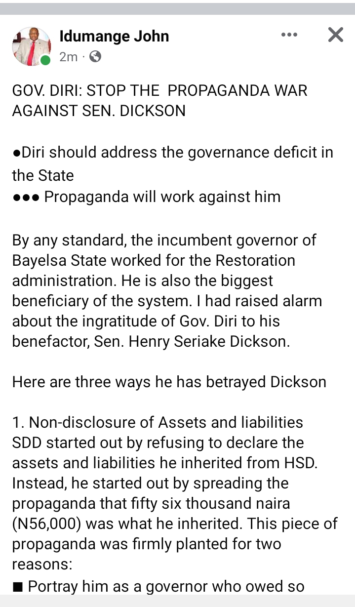 GOV. DIRI: STOP THE PROPAGANDA WAR AGAINST SEN. DICKSON  (Dr. John Idumange