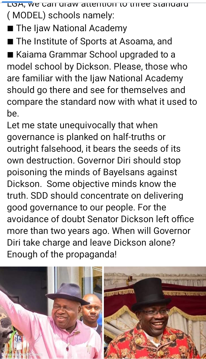 GOV. DIRI: STOP THE PROPAGANDA WAR AGAINST SEN. DICKSON  (Dr. John Idumange