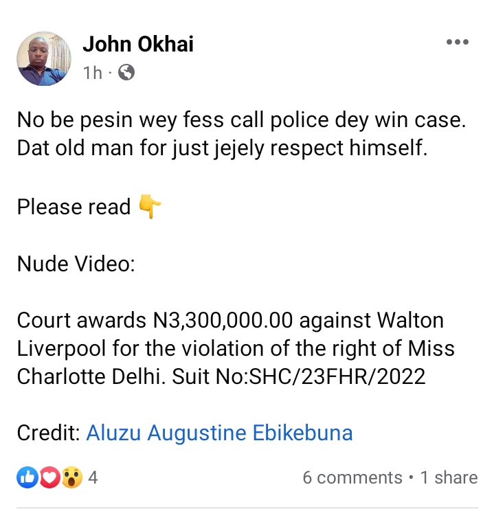 Nude Video: Court awards N3,300,000.00 against Walton Liverpool for the violation of the right of Miss Charlotte Delhi.