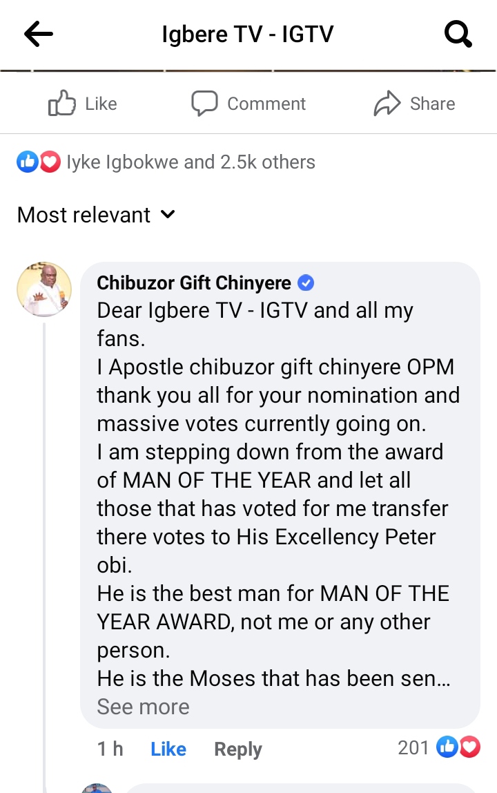 Man Of The Year Award: Apostle Chibuzor Of OPM Steps Down For Peter Obi