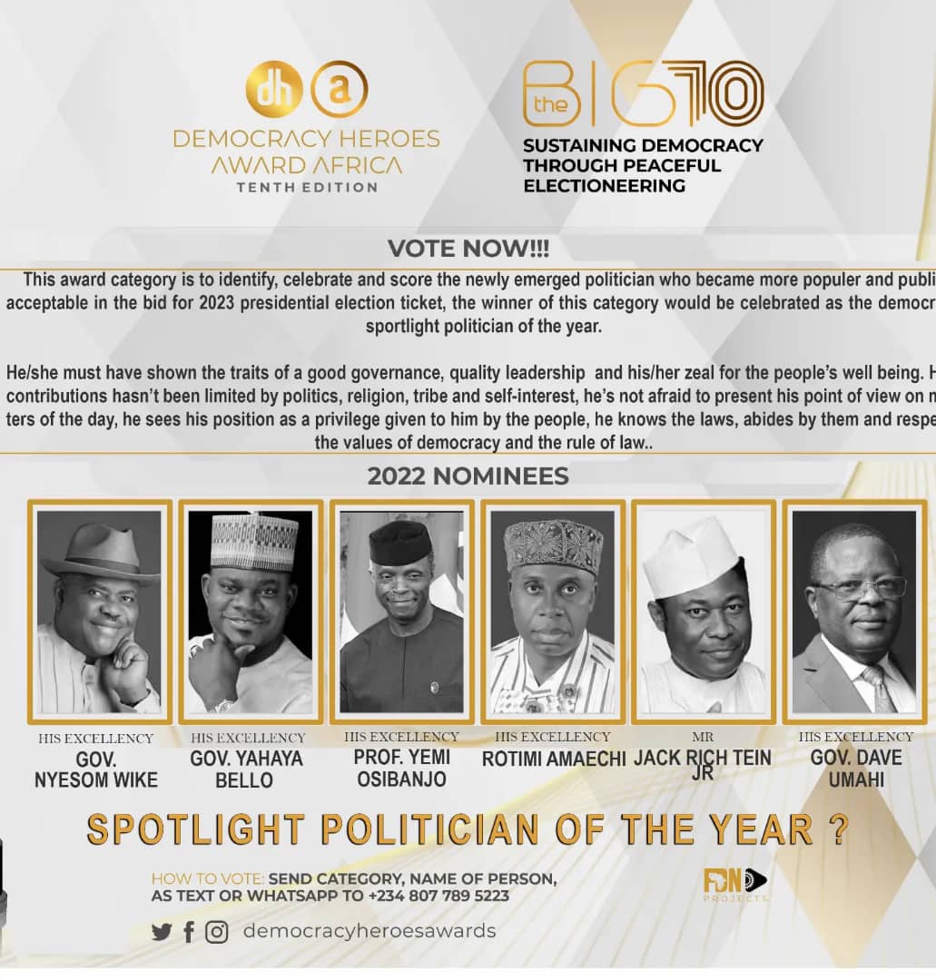 Jack Rich Floors Osinbajo, Yahaya Bello, Wike To Emerge Democracy Spotlight Politician Of 2022