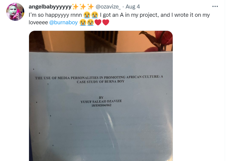 Lady gets an A in her project after using Burna Boy as her case study