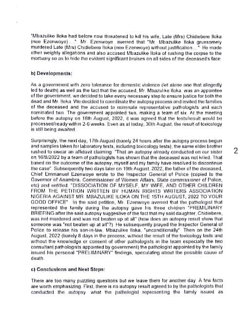 Alleged domestic abuse: Anambra State Govt dissociates self from purported result of autopsy conducted on late Chidiebere Iloka