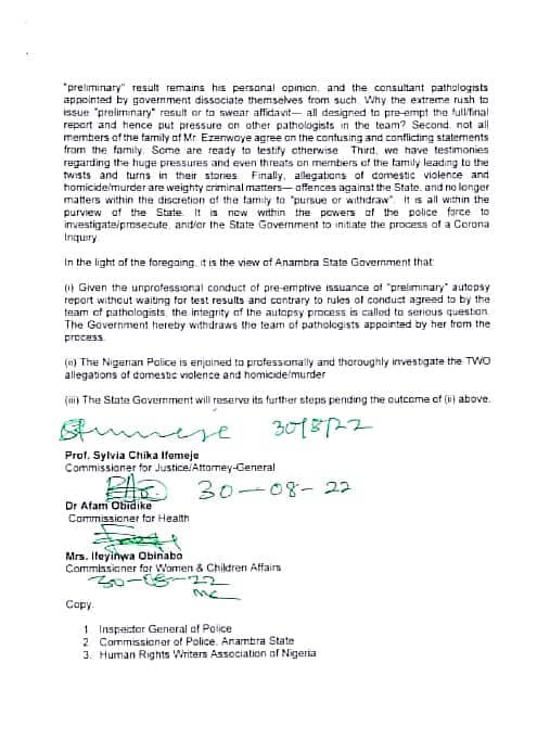 Alleged domestic abuse: Anambra State Govt dissociates self from purported result of autopsy conducted on late Chidiebere Iloka