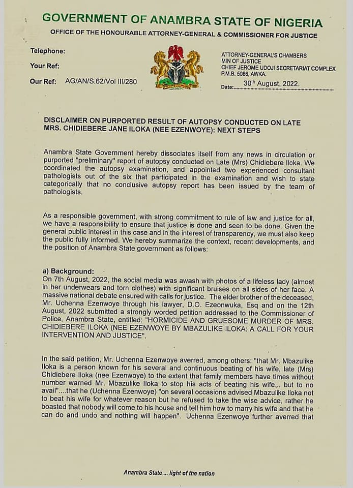 Alleged domestic abuse: Anambra State Govt dissociates self from purported result of autopsy conducted on late Chidiebere Iloka