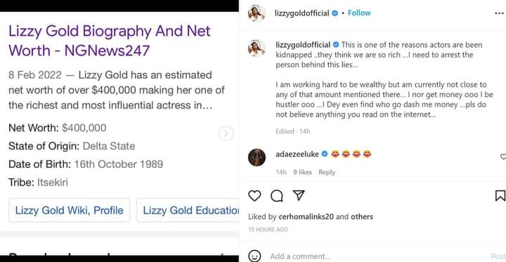 actress, Lizzy Gold has revealed one of the reasons why Nollywood actors are being abducted by kidnappers.