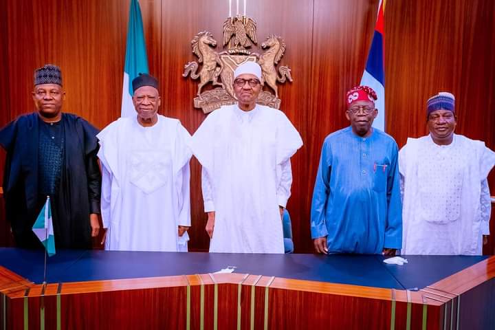 President Buhari receives in audience Asiwaju Bola Ahmed Tinubu and his running mate Senator Kashim Shettima in State House