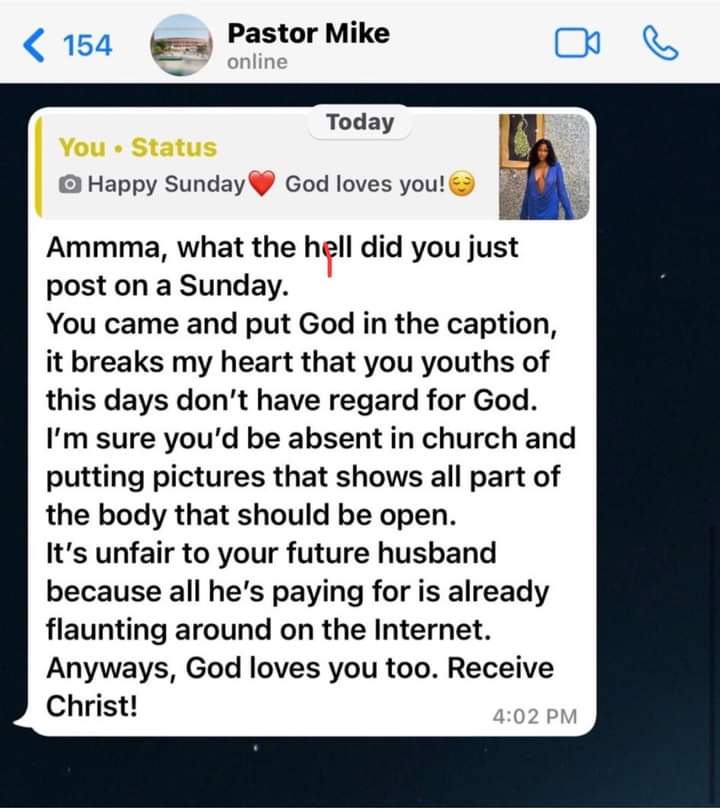 A Nigerian lady has gone online to share her pastor’s reaction to a revealing photo she posted on her WhatsApp status.