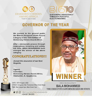 Governors Bala Mohammed, Fintiri, Sani Bello, Abdullahi Sule, Makinde Win Democracy Heroes Award Africa, To Be Honoured At The Big10 Anniversary 2022