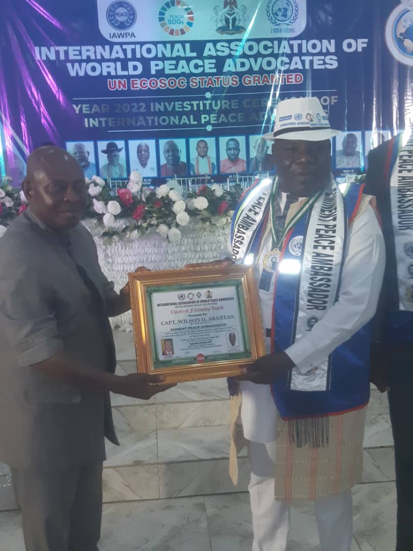 Capt Wilson O Arantan Bags international Peace Award as Eminent peace Ambassador  2022