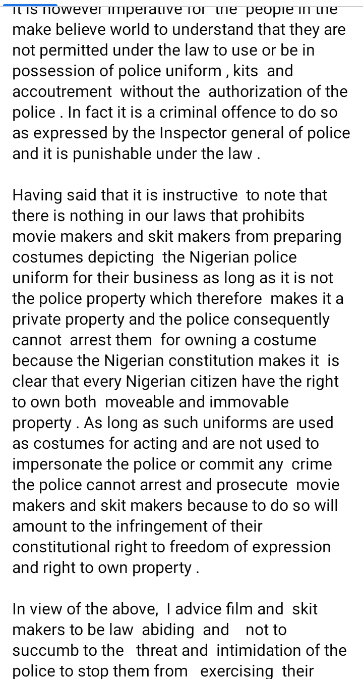 THE RIGHT OF SKIT AND MOVIE MAKERS TO PORTRAY POLICE IN BAD LIGHT AND USE POLICE UNIFORMS . BY CHIEF MALCOLM EMOKINIOVO OMIRHOBO.