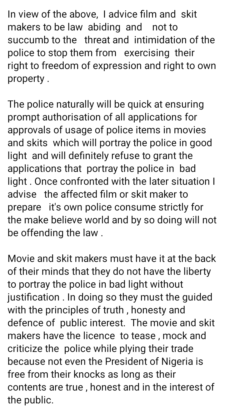 THE RIGHT OF SKIT AND MOVIE MAKERS TO PORTRAY POLICE IN BAD LIGHT AND USE POLICE UNIFORMS . BY CHIEF MALCOLM EMOKINIOVO OMIRHOBO.
