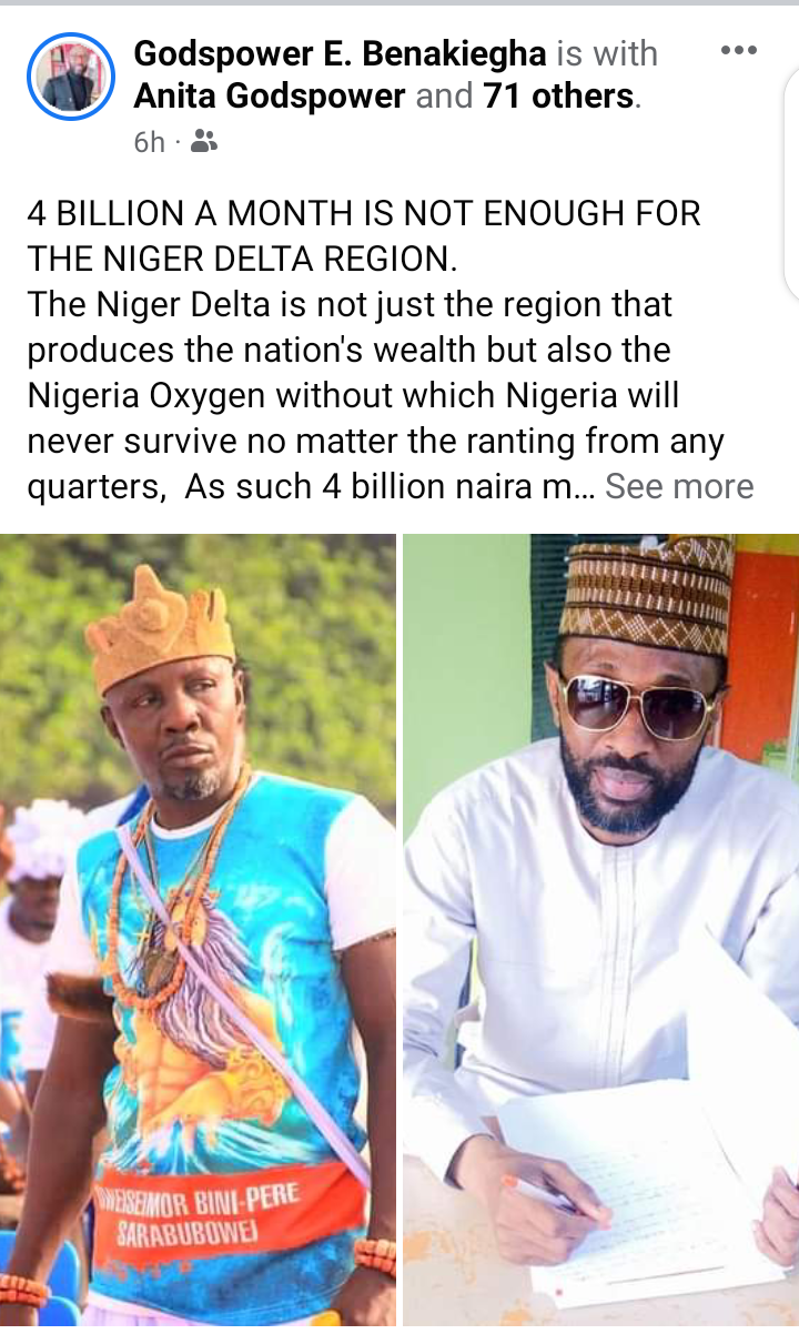 4 Billion a month is not enough for the Niger Delta Region.  Godspower E. Benakiegha