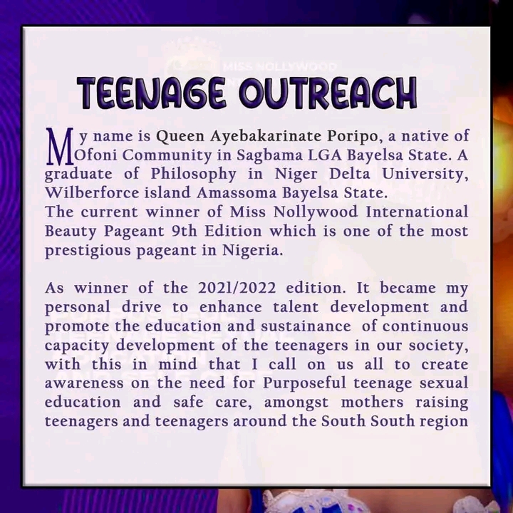 Miss Nollywood international Karina Simon Poripo set to flags off second phase of pet project on Teenage outreach