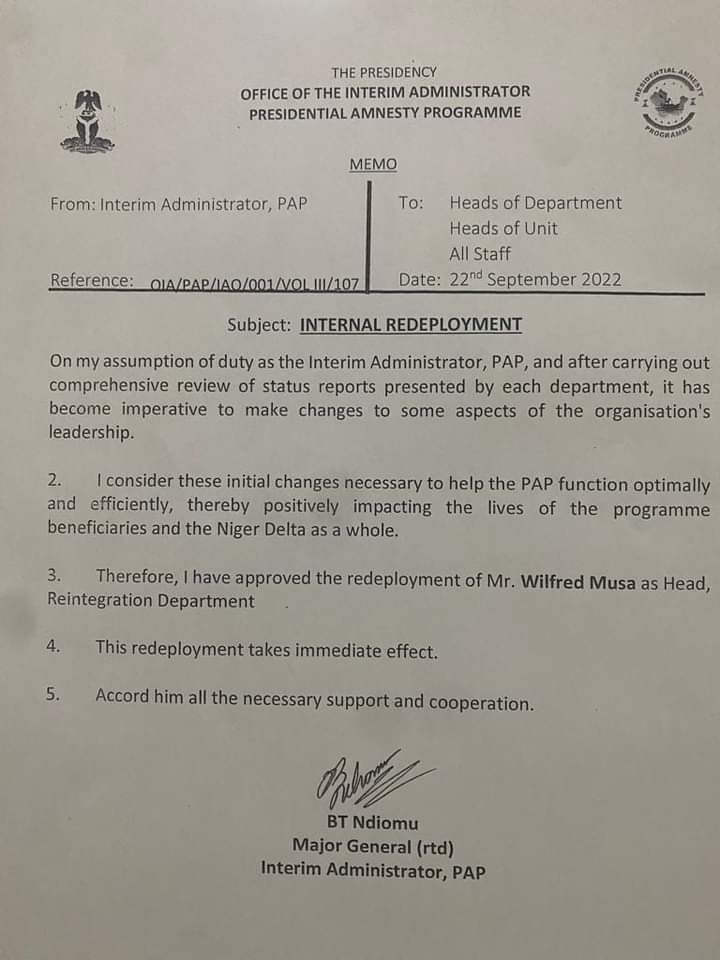 NDIOMU APPOINTED WILFRED MUSA TO REPLACE ALFRED KEMEPADO AS HEAD OF REINTEGRATION